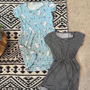 Charming Blue Owl and Black Striped Kids Dress Set